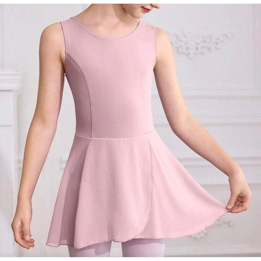 SHEIN Girls Pink Ballet Leotard with Attached Skirt Dance Dress Sleeveless
